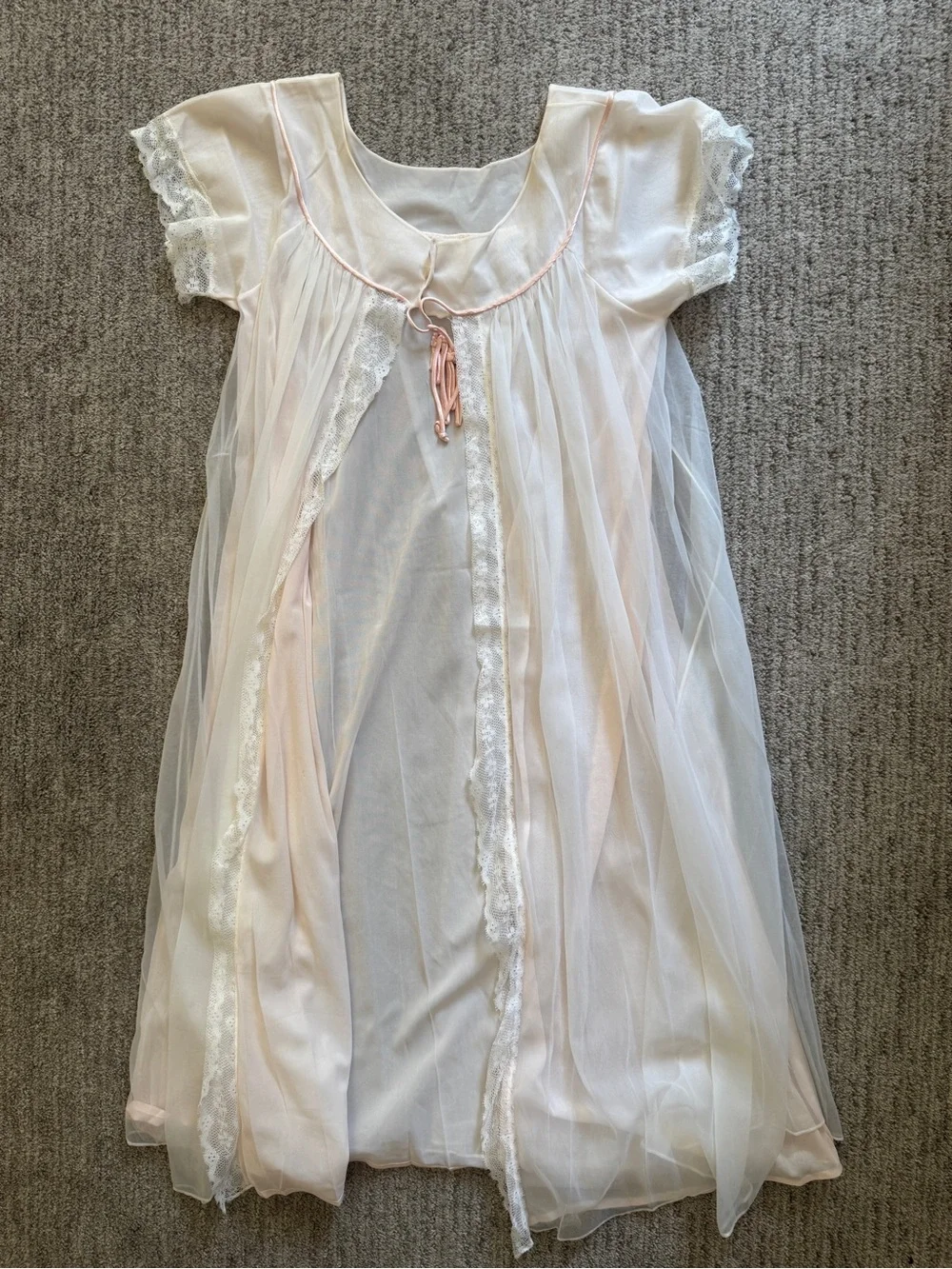 Vintage 70s Tempo Nylon Sheer Bed Coat Robe Pink Lace Trim Lingerie Small